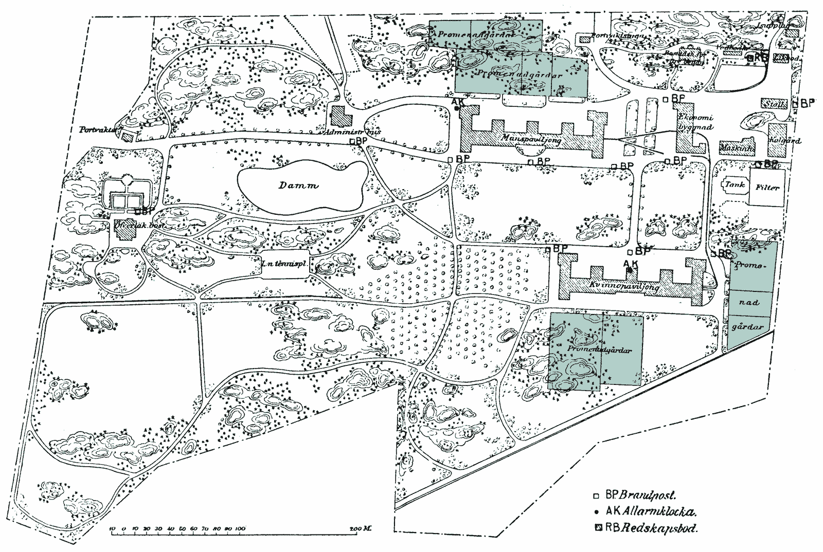 Handritad karta över Långbro sjukhus 1910-talet.