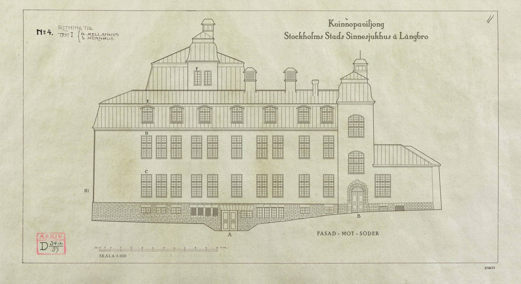 langbrosjukhus-ritning-fasad-storakvinns Ritning av Stora Kvinns från söder